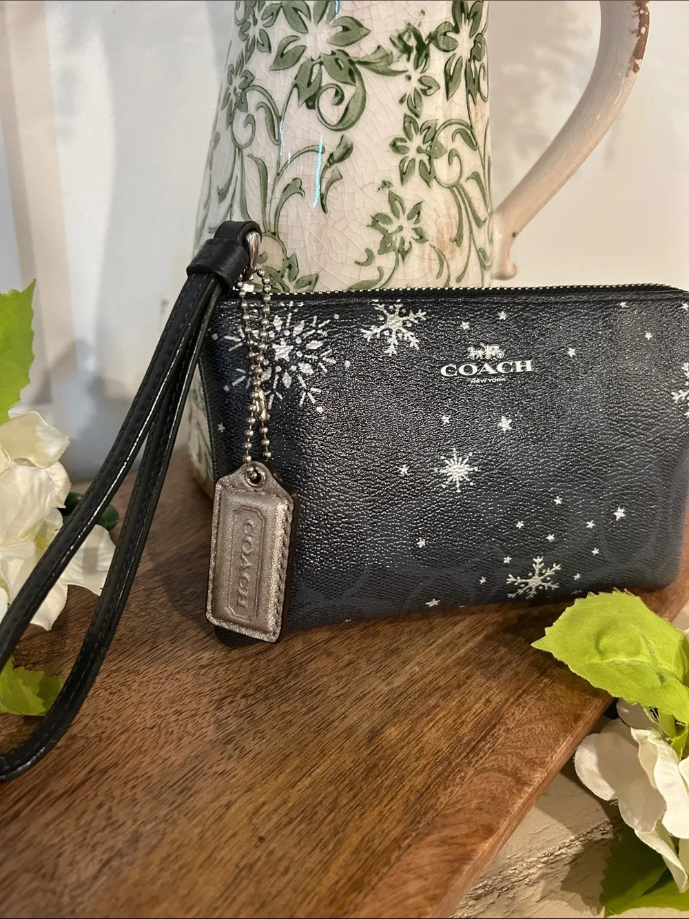 COACH Black Snowflake-Print Leather Wristlet